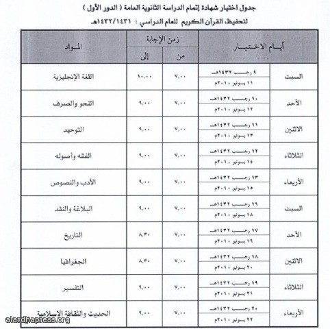 جدول اختبارات نهاية العام