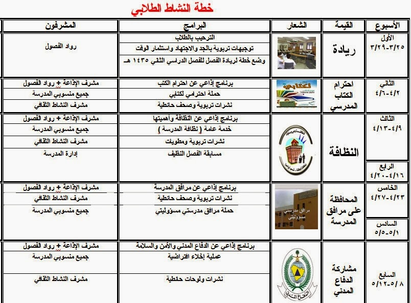 جدول فعاليات وأنشطة الأسابيع